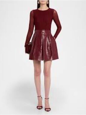 Alice + Olivia Burgundy Long-Sleeve Fit & Faux-Croc Skater Dress